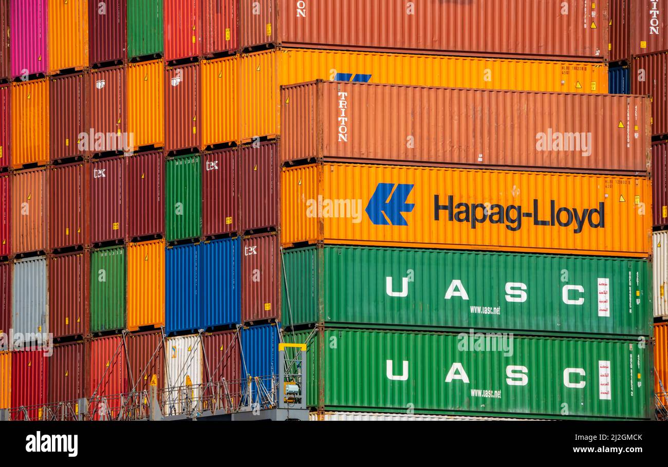 Container su una nave container, nel porto marittimo di Rotterdam, Maasvlakte 2, Container Terminal, a Rotterdam, Paesi Bassi, Foto Stock