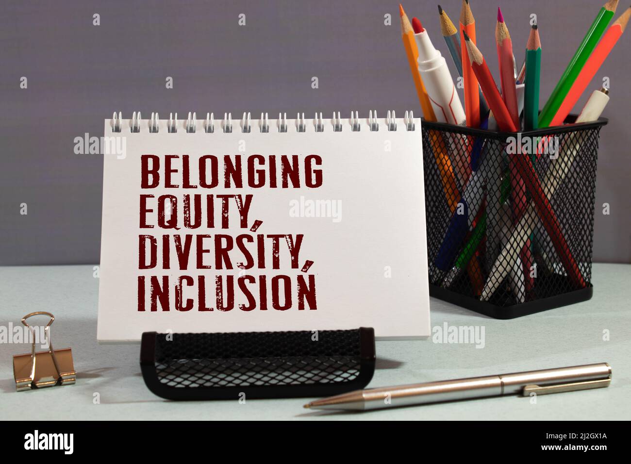 Appartenenza, inclusione, diversità, equità, identità scrivere su note isolate su tavola di legno. Foto Stock