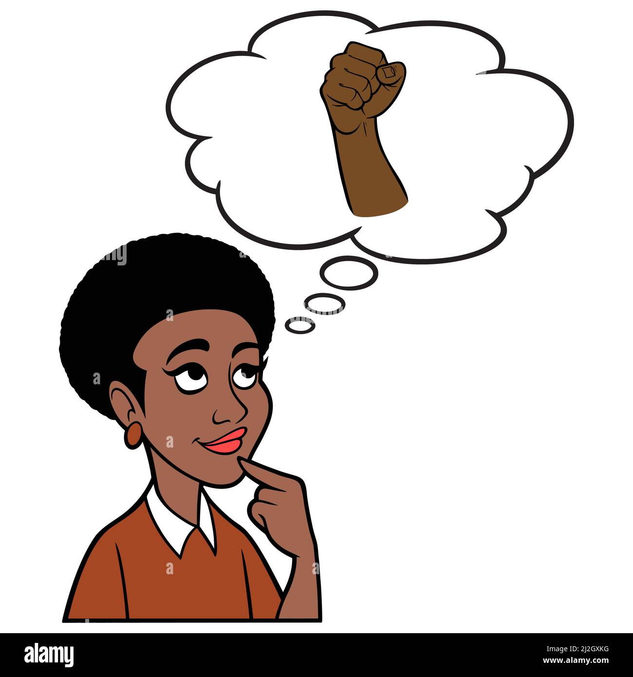Black Woman Thinking About Revolution - un'illustrazione cartoon di una Black Woman Thinking About a Revolution Movement. Illustrazione Vettoriale
