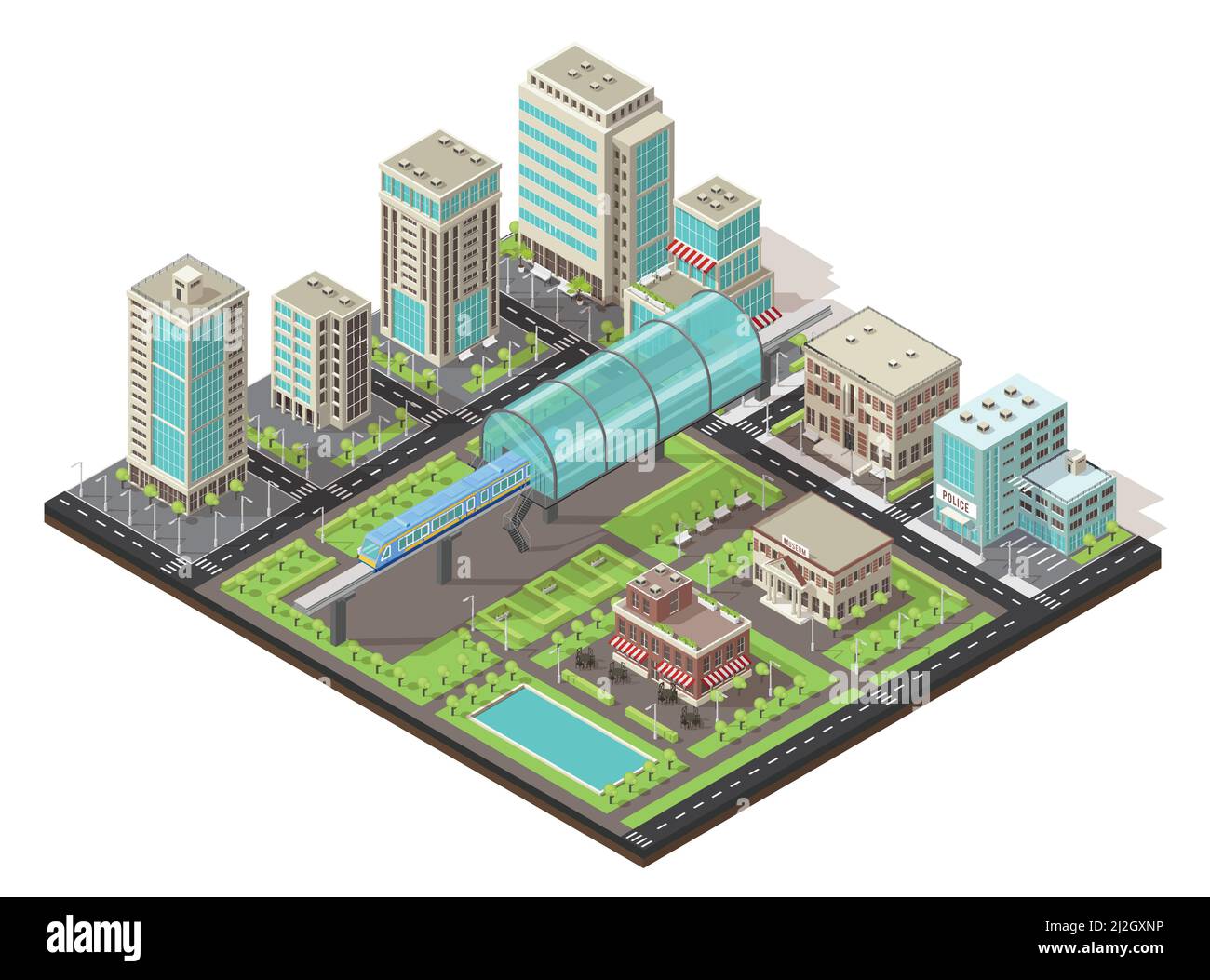 Concetto di paesaggio urbano isometrico con metropolitana nel centro pubblico e di vita edifici alberi strada isolato vettore illustrazione Illustrazione Vettoriale