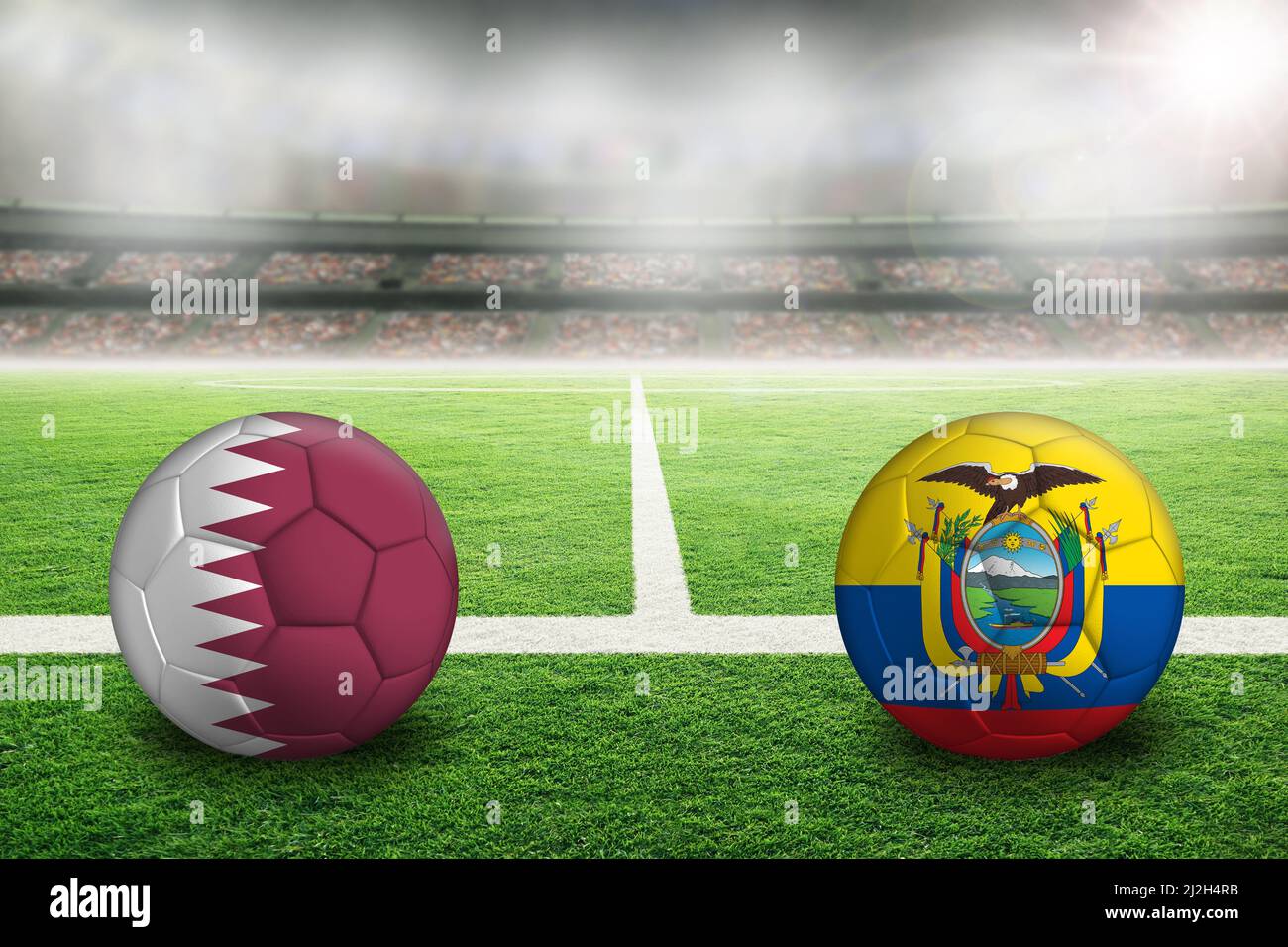 Qatar contro il calcio Ecuador in uno stadio all'aperto luminoso con bandiera di campagna dipinta. Fuoco sul primo piano e sulla sfera di calcio con la profondità poco profonda del fie Foto Stock