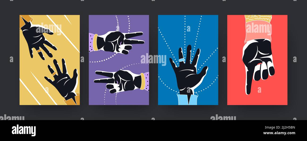 Set colorato di poster d'arte contemporanea con silhouette a mani. Illustrazione vettoriale. Raccolta di mani contando sulle dita su sfondo colorato. Illustrazione Vettoriale