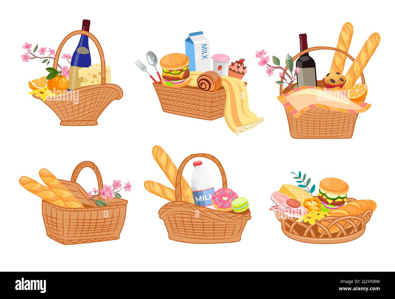 Set colorato di cestini da picnic pieni di cibo delizioso. Illustrazione del vettore cartoon. Cesti di vimini con formaggio, vino, baguette, dolci, hamburger, latte Illustrazione Vettoriale