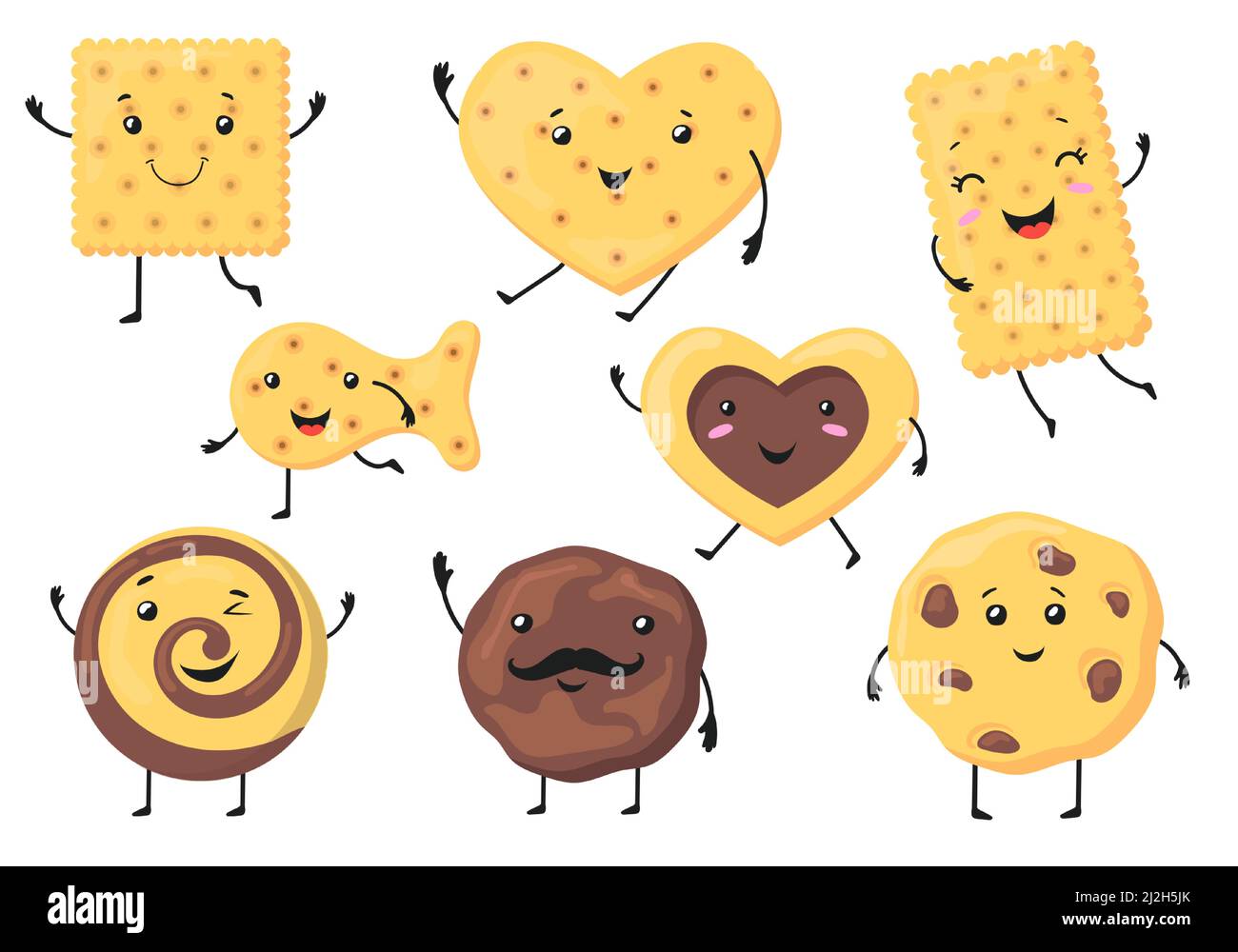 Carino biscotto caratteri vettoriali illustrazioni set. Divertenti biscotti sorridenti e cracker di diverse forme, quadrati, circolari, pesci, cuore isolato su whit Illustrazione Vettoriale