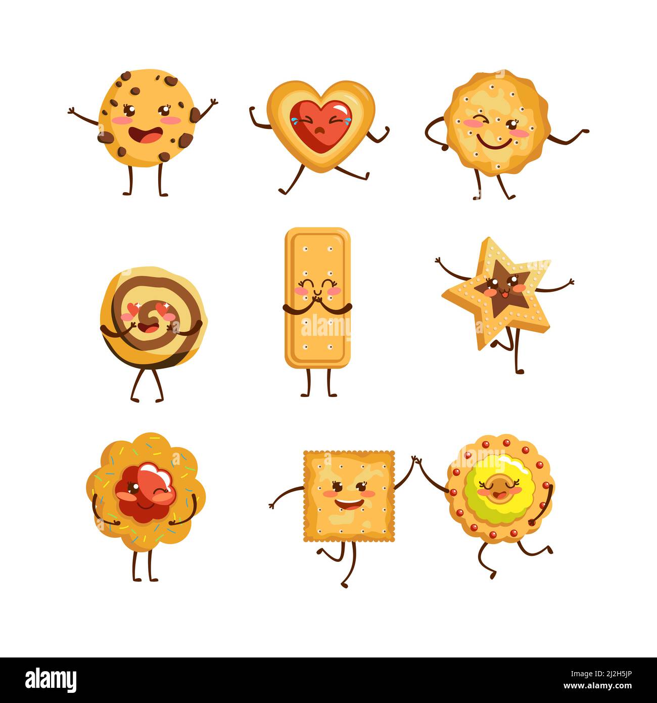 Set di illustrazioni vettoriali dei simpatici personaggi dei fumetti dei cookie. Diversi biscotti divertenti, cracker e shortbreads di forma circolare, quadrata o a forma di cuore isolati Illustrazione Vettoriale Set di illustrazioni vettoriali dei simpatici personaggi dei fumetti dei cookie. Diversi biscotti divertenti, cracker e shortbreads di forma circolare, quadrata o a forma di cuore isolati Illustrazione Vettoriale