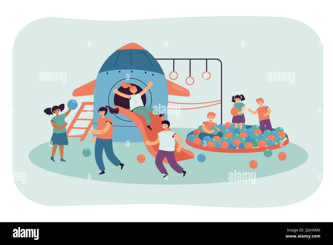 I bambini carini del cartone animato che si divertono nel centro di cura di giorno. Bambini che giocano nella sala giochi illustrazione vettoriale piatta. Infanzia, attività al coperto, divertimento concep Illustrazione Vettoriale