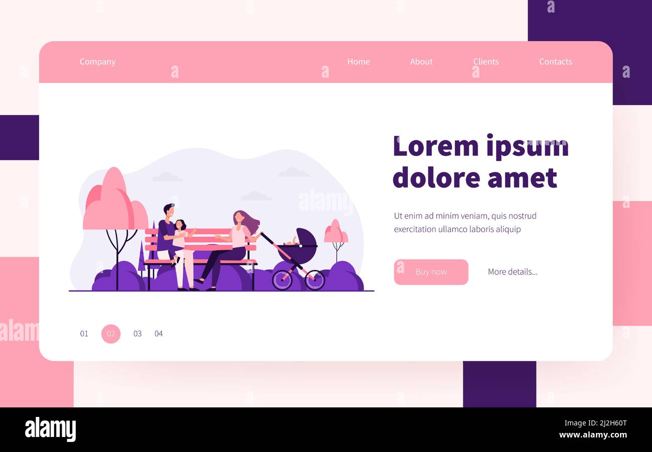 La famiglia può divertirsi nel parco. Genitori, bambino seduto su panca a passeggino. Illustrazione vettoriale piatta. Passeggiate all'aperto, weekend insieme concetto Illustrazione Vettoriale