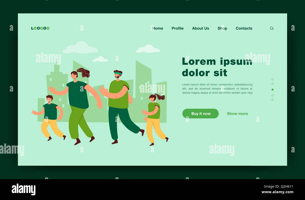 Coppia di famiglie con bambini che fanno jogging nel parco cittadino. Genitori e bambini si allenano per la maratona. Illustrazione vettoriale per attività all'aperto in famiglia, sport, run Illustrazione Vettoriale