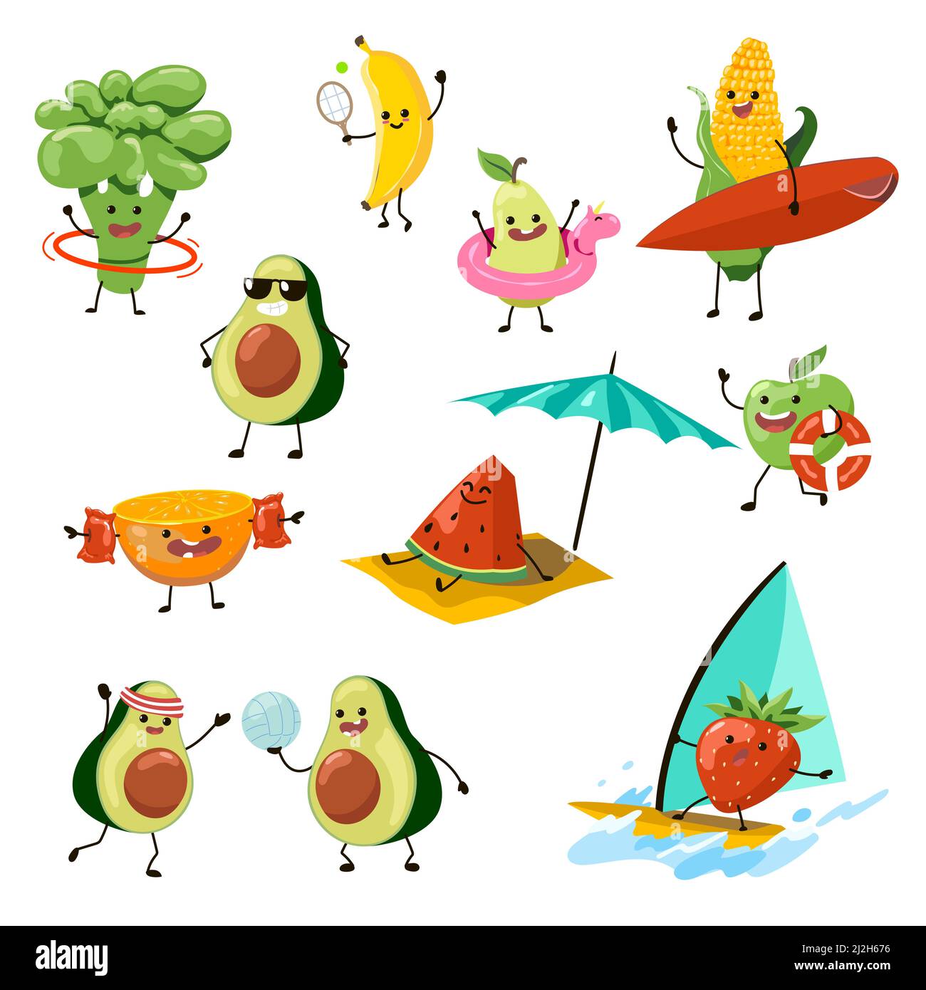 Personaggi di frutta che si divertono sulla spiaggia vettore illustrazioni set. Carino windsurf fragola, mais con surf board, avocado giocare a pallavolo isola Illustrazione Vettoriale