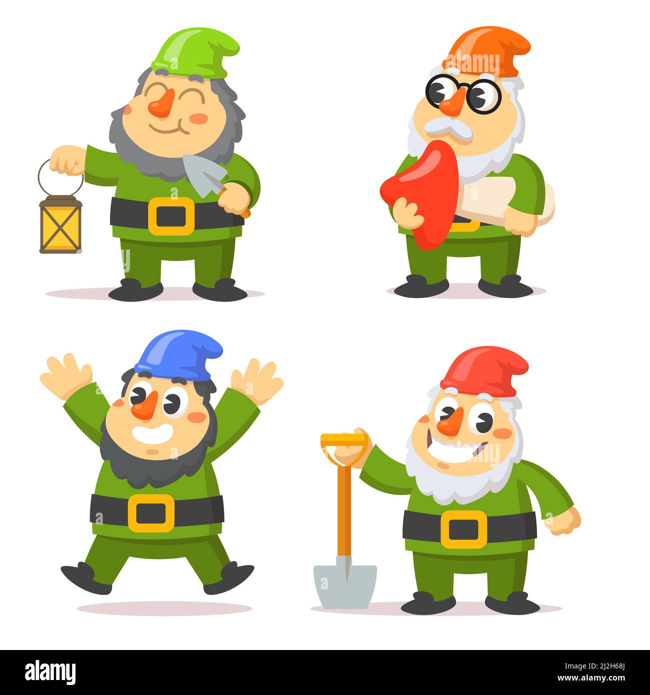 Divertente gnome caratteri flat vettore illustrazioni set. Nani di cartoni animati che tengono lanterna, fungo e pala isolati su sfondo bianco. Decorazione, GA Illustrazione Vettoriale