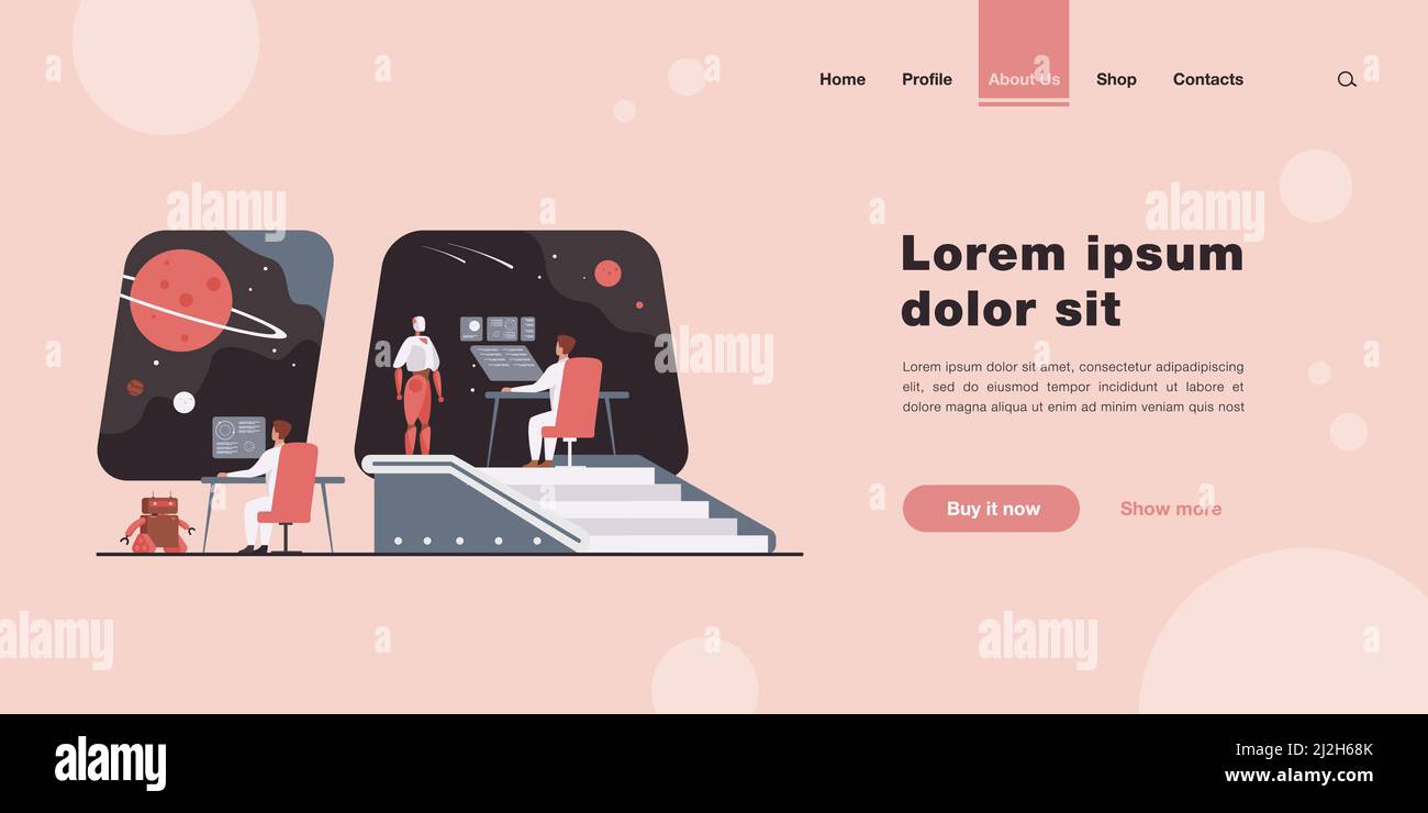 Abitacolo futuristico con equipaggio umano e robotico. Persone e robot che monitorano la galassia. Per ponte interstellare di astronave, fantascienza Illustrazione Vettoriale