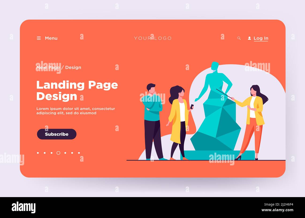 Guida che racconta la scultura ai turisti. Museo, viaggi, divertimento flat illustrazione vettoriale. Arte e intrattenimento concetto per banner, sito web design Illustrazione Vettoriale