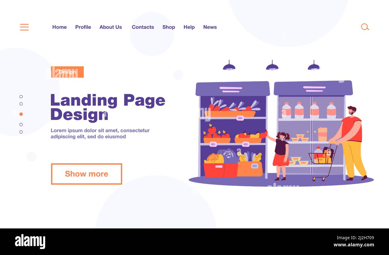 Felice padre e figlia che acquistano cibo in grafico vettoriale piatto supermercato. Cartoon papà Wheeling carrello. Ragazza che prende verdura dalla navata. G Illustrazione Vettoriale