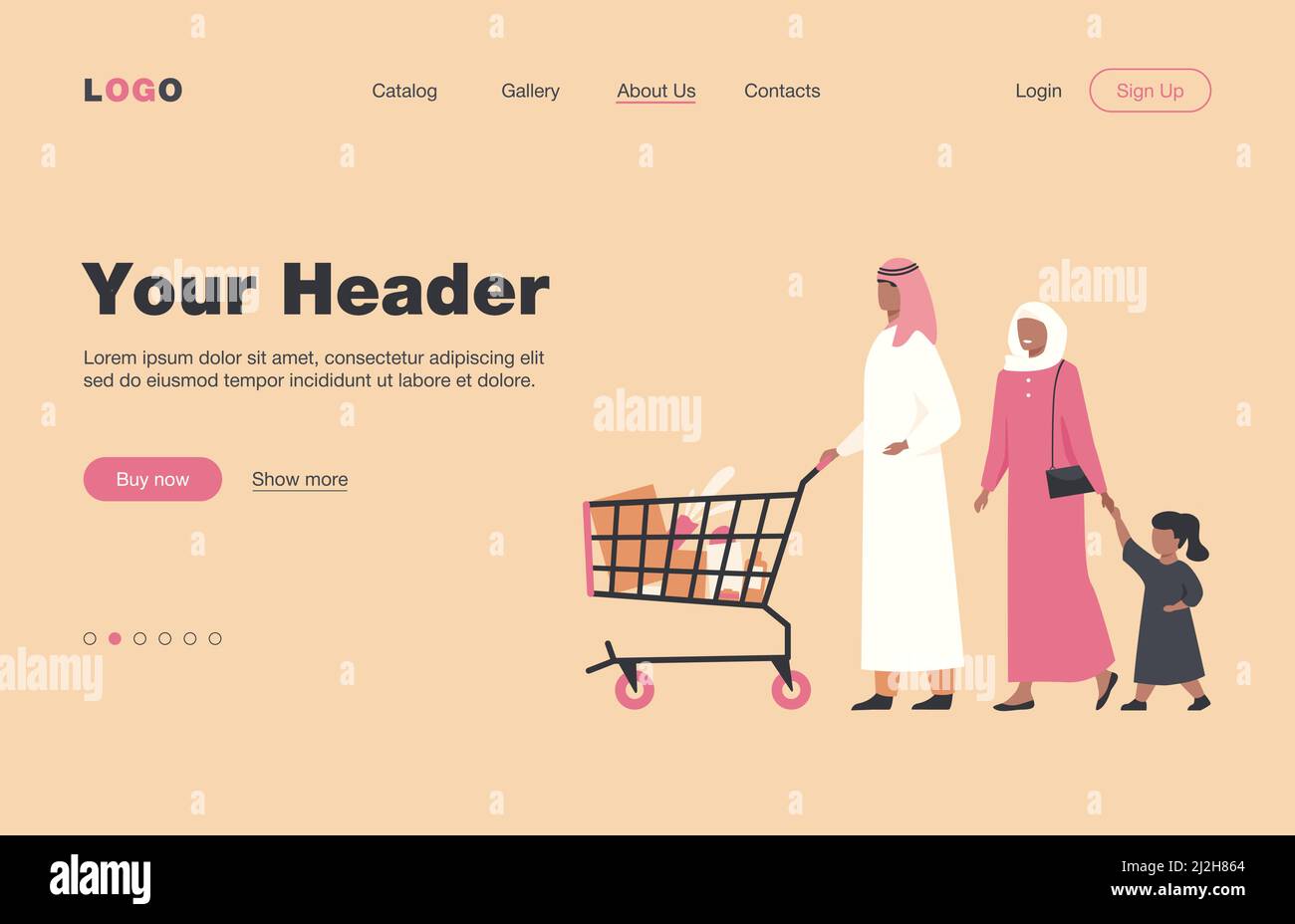 Famiglia musulmana che acquista cibo nel supermercato. Personaggi arabi cartoni animati Wheeling carrello della spesa nel negozio di alimentari. Illustrazione vettoriale per la vendita al dettaglio, lo stile di vita, Illustrazione Vettoriale