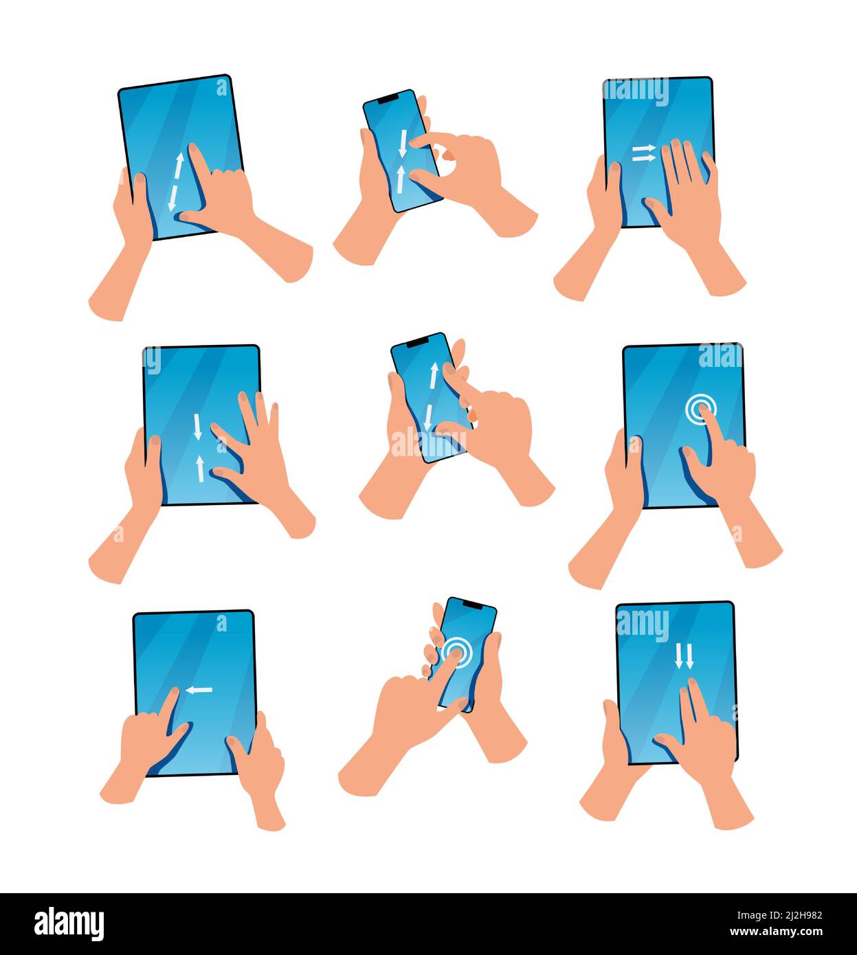 Set di gadget con funzione touchscreen. Illustrazione del vettore cartoon. Controllo delle impostazioni dell'immagine o dello schermo mediante pressione, scorrimento, zoom, clic, t Illustrazione Vettoriale