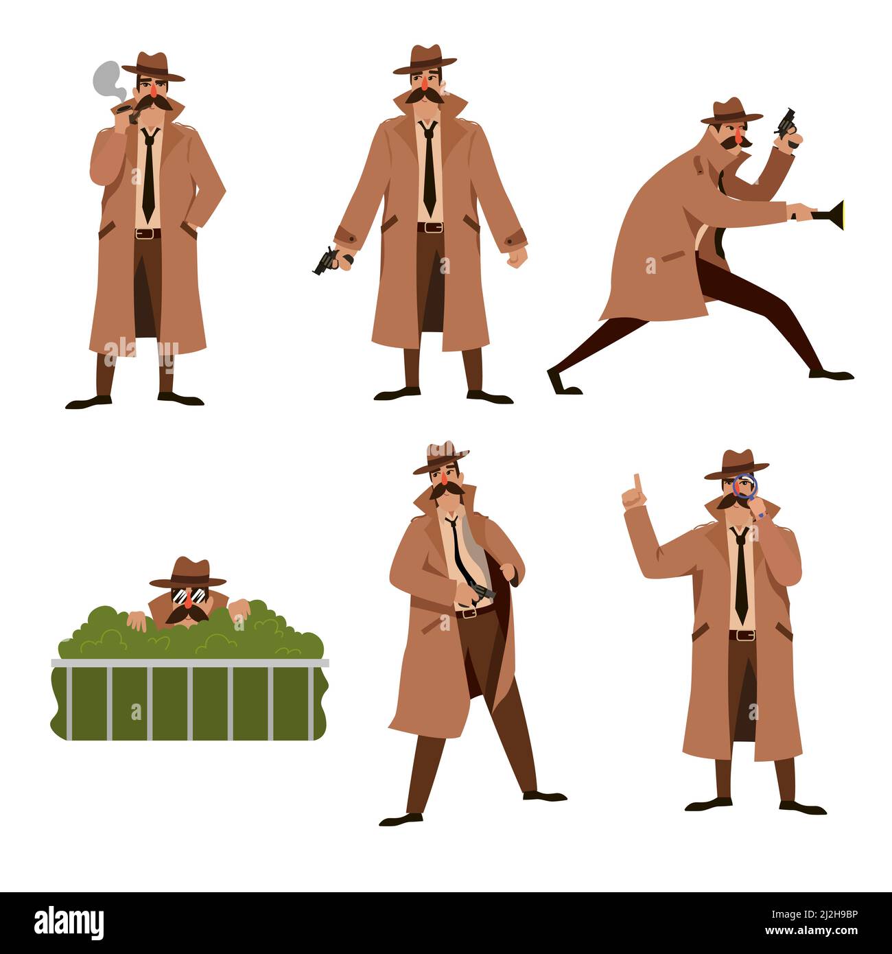 Set di illustrazioni vettoriali private del fumetto dello sperimentatore. Carattere detective con baffi in cappotto marrone, cappello e cravatta in varie pose d'azione. Criminalità, Illustrazione Vettoriale