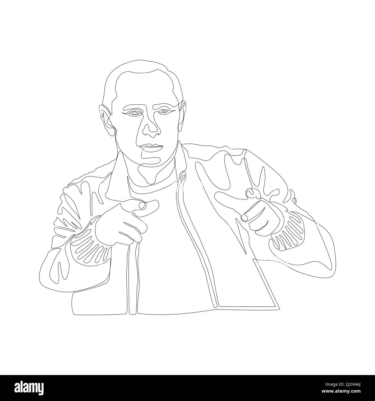 Linea continua ritratto di Vladimir Putin isolato su disegno vettoriale bianco backgronde. Presidente della Russia in giacca in pelle dita ripiegate come un g Illustrazione Vettoriale
