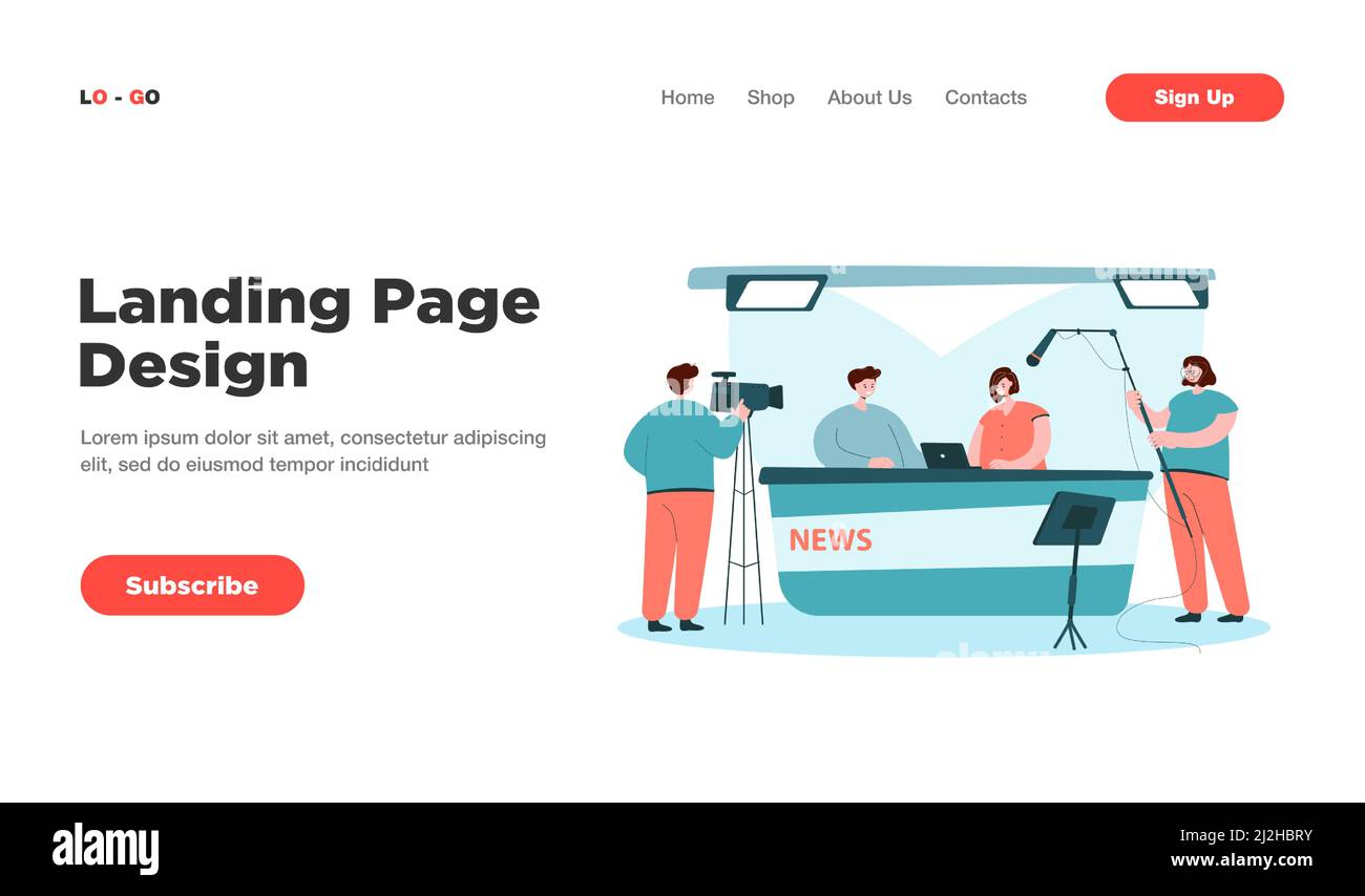 Due giornalisti seduti alla scrivania dello studio TV isolato piatto vettoriale illustrazione. Fumetto professionale equipaggio cameraman tiro intervista show o notizie. E Illustrazione Vettoriale