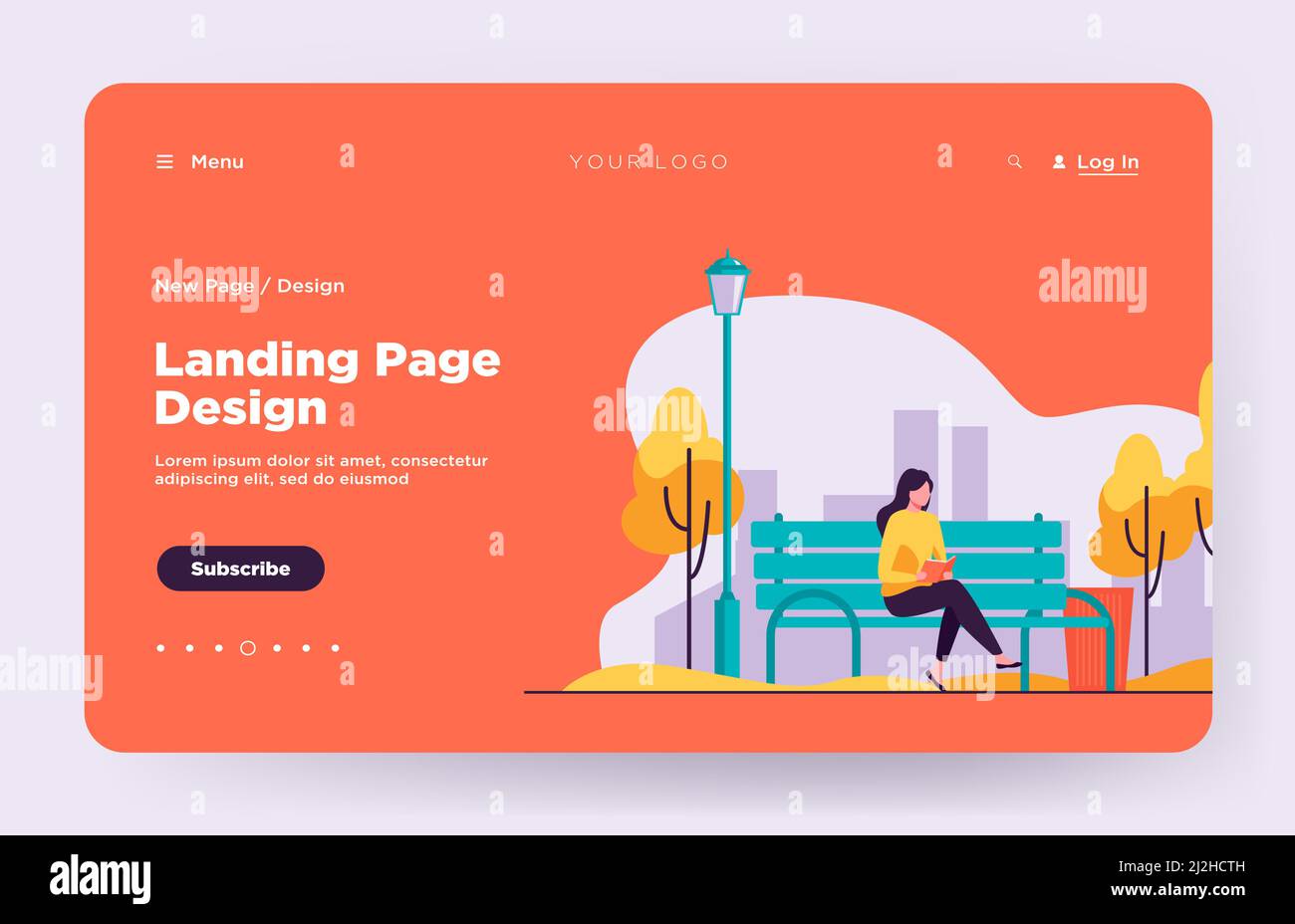 Donna seduta su panchina e libro di lettura. Parco, città, relax flat vettoriale illustrazione. Weekend e natura concetto per banner, sito web o lan Illustrazione Vettoriale