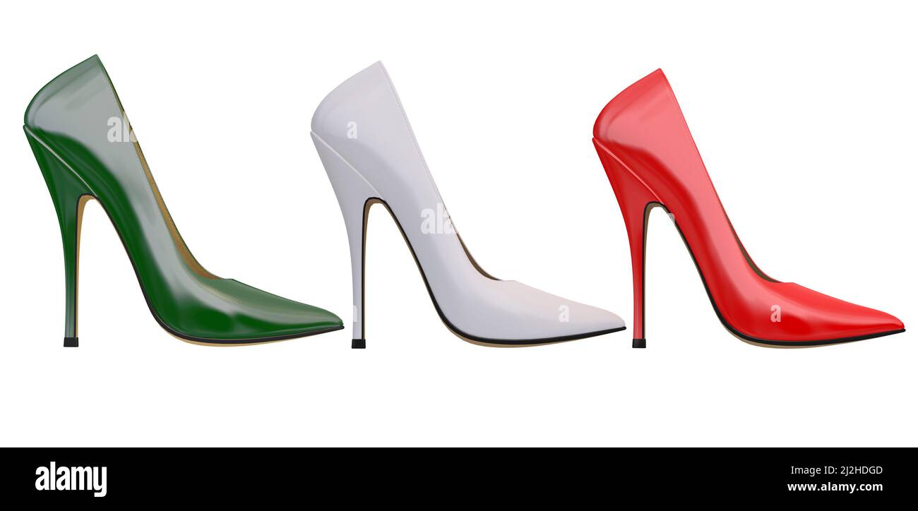 Scarpe con tacco alto, calzature donna, colori bandiera italiana, illustrazione 3D Foto Stock
