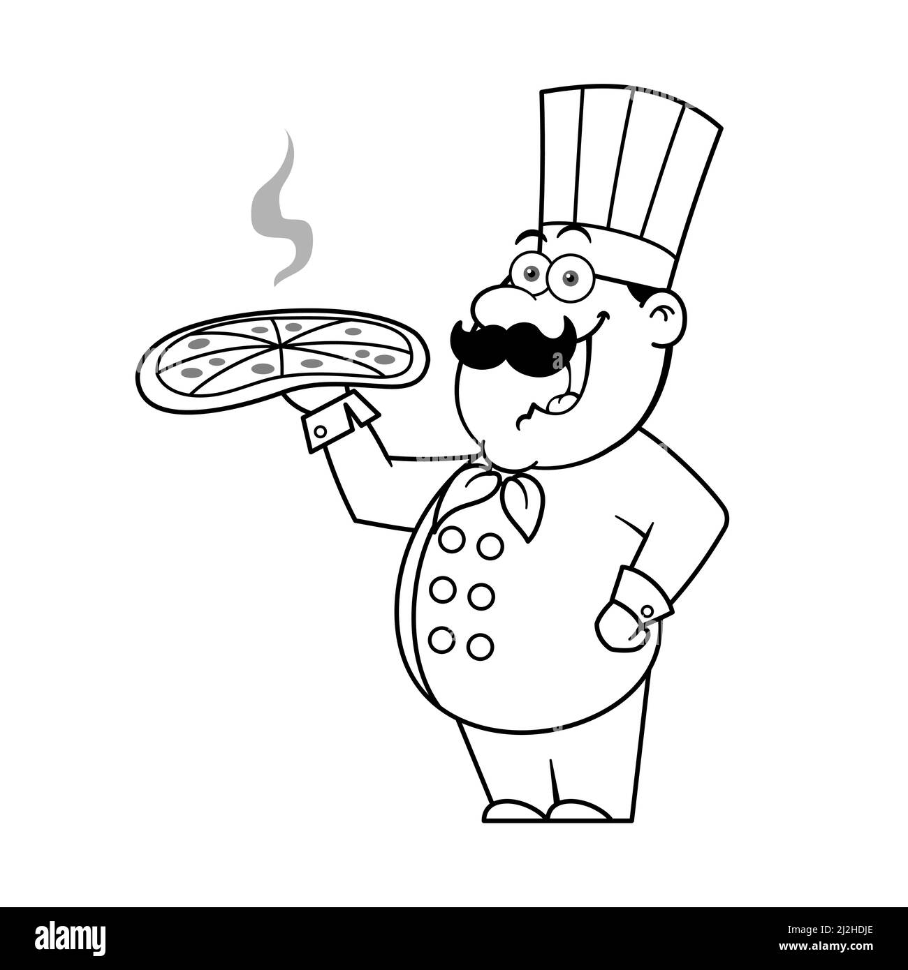 Cartoon Chef Holding Delicious Pizza contorno Illustrazione Vettoriale