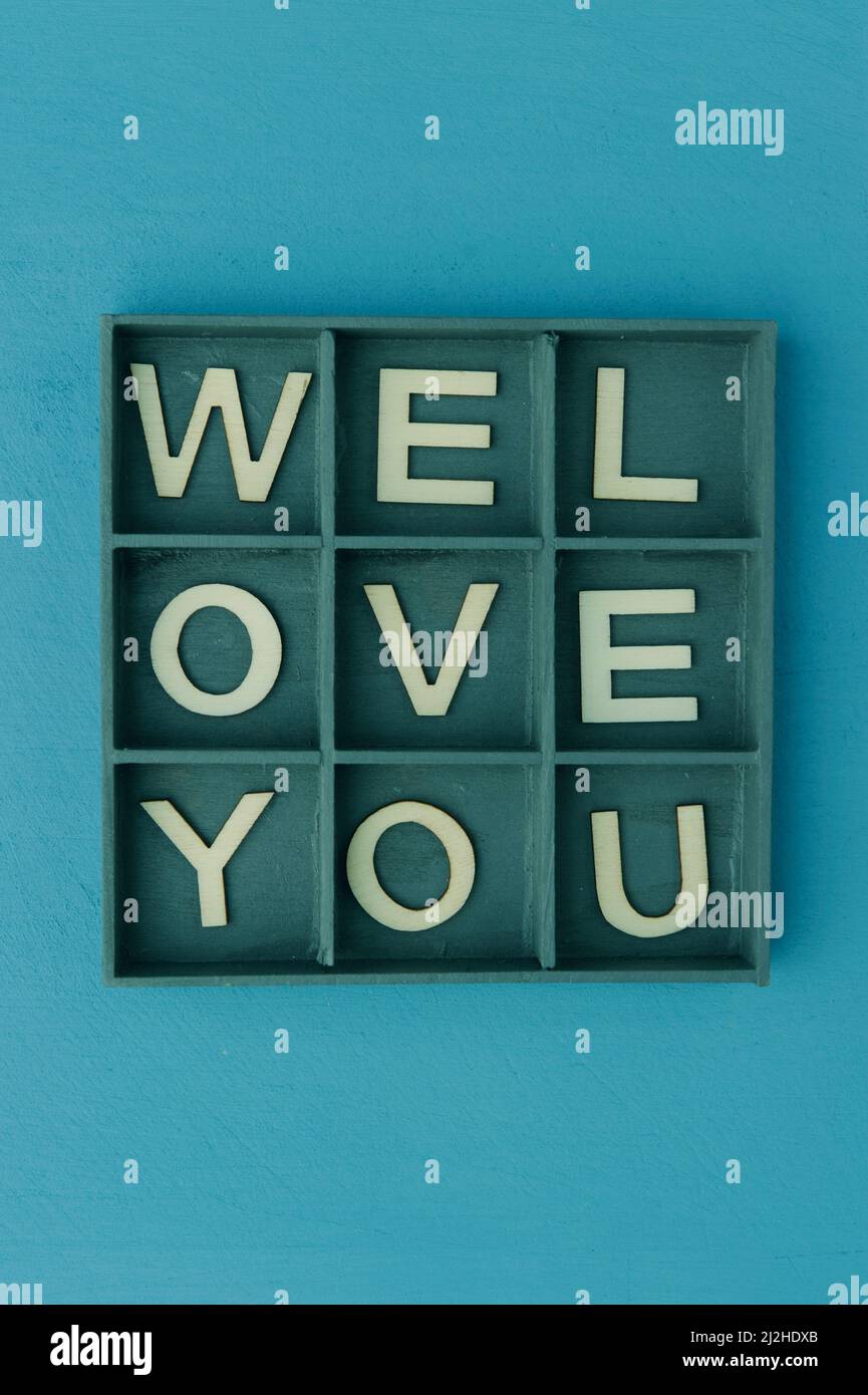 Scatola con compartimenti e lettere che formano la frase CHE TI AMIAMO Foto Stock