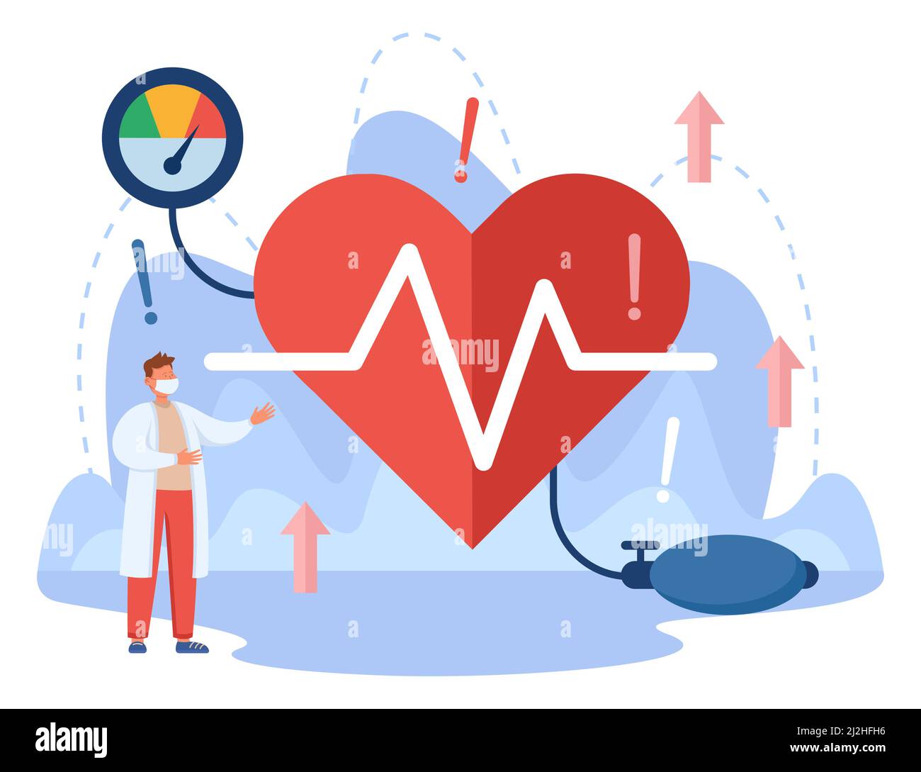 Piccolo medico e cuore del paziente con pressione alta. Controllo medico in ospedale o clinica, rischio di colesterolo o malattie cardiovascolari flat v Illustrazione Vettoriale