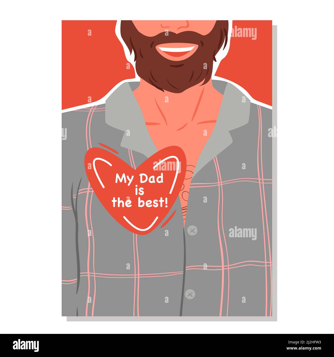 Giorno dei padri, biglietto di auguri festivo con uomo felice e cuore, papà migliore con barba in piedi Illustrazione Vettoriale