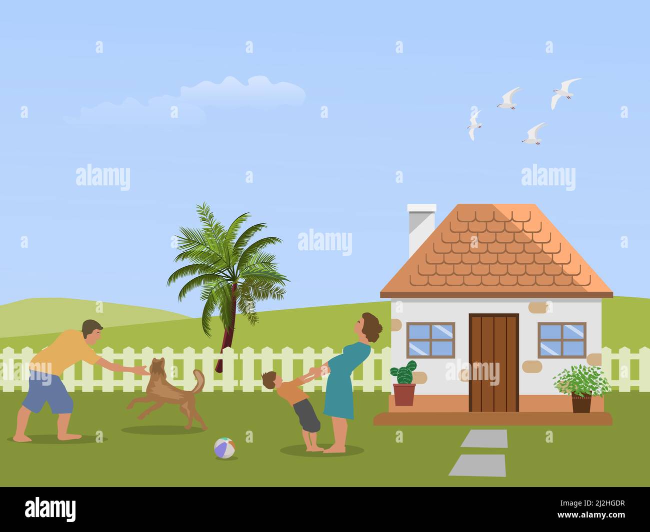 Famiglia genitore-bambino divertirsi nel cortile con le verdi colline e il cielo sullo sfondo. Illustrazione Vettoriale