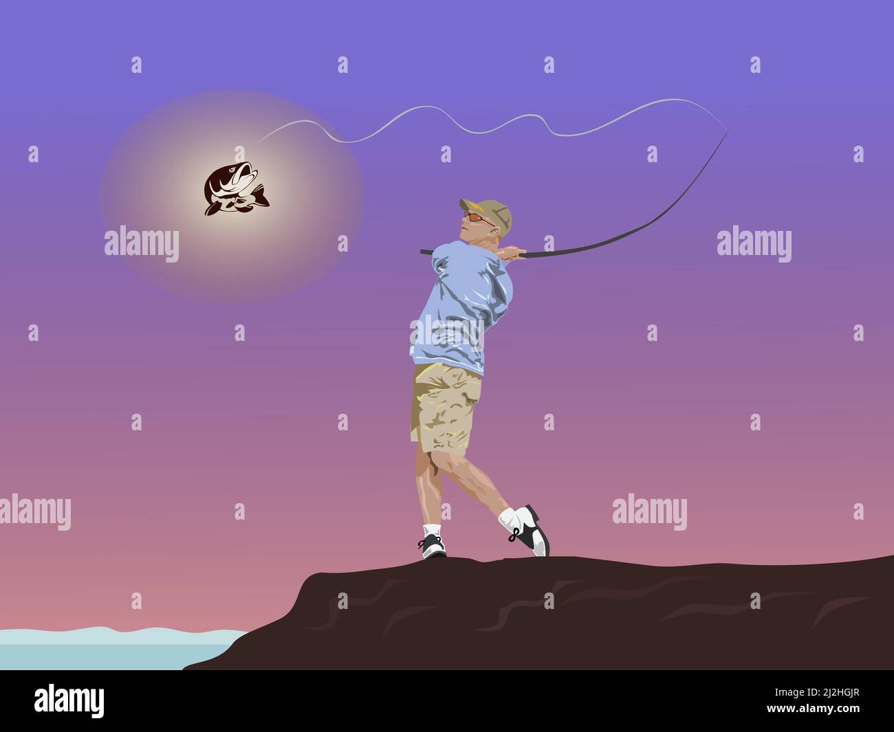 Un pescatore che tira una canna da pesca con pesci sulle sue rive con il cielo rosa come sfondo. Illustrazione Vettoriale