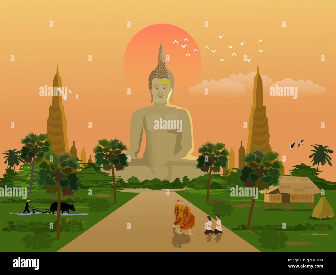 Un monaco buddista sta camminando su una strada con uomini e donne seduti nel culto. Coltivatori che arano campi con bufali con pagode e il cielo del mattino dentro Illustrazione Vettoriale