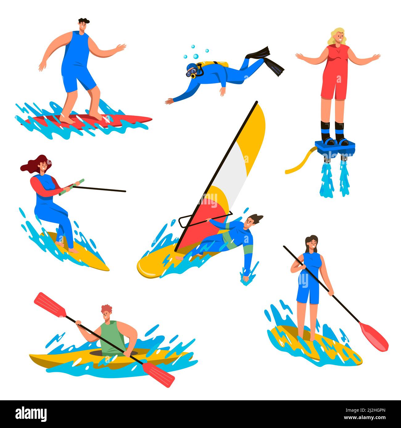 Set di illustrazioni vettoriali per sport acquatici. Persone che fanno immersioni oceaniche, surf, windsurf, canoa isolato su sfondo bianco. Tempo libero estivo, Illustrazione Vettoriale