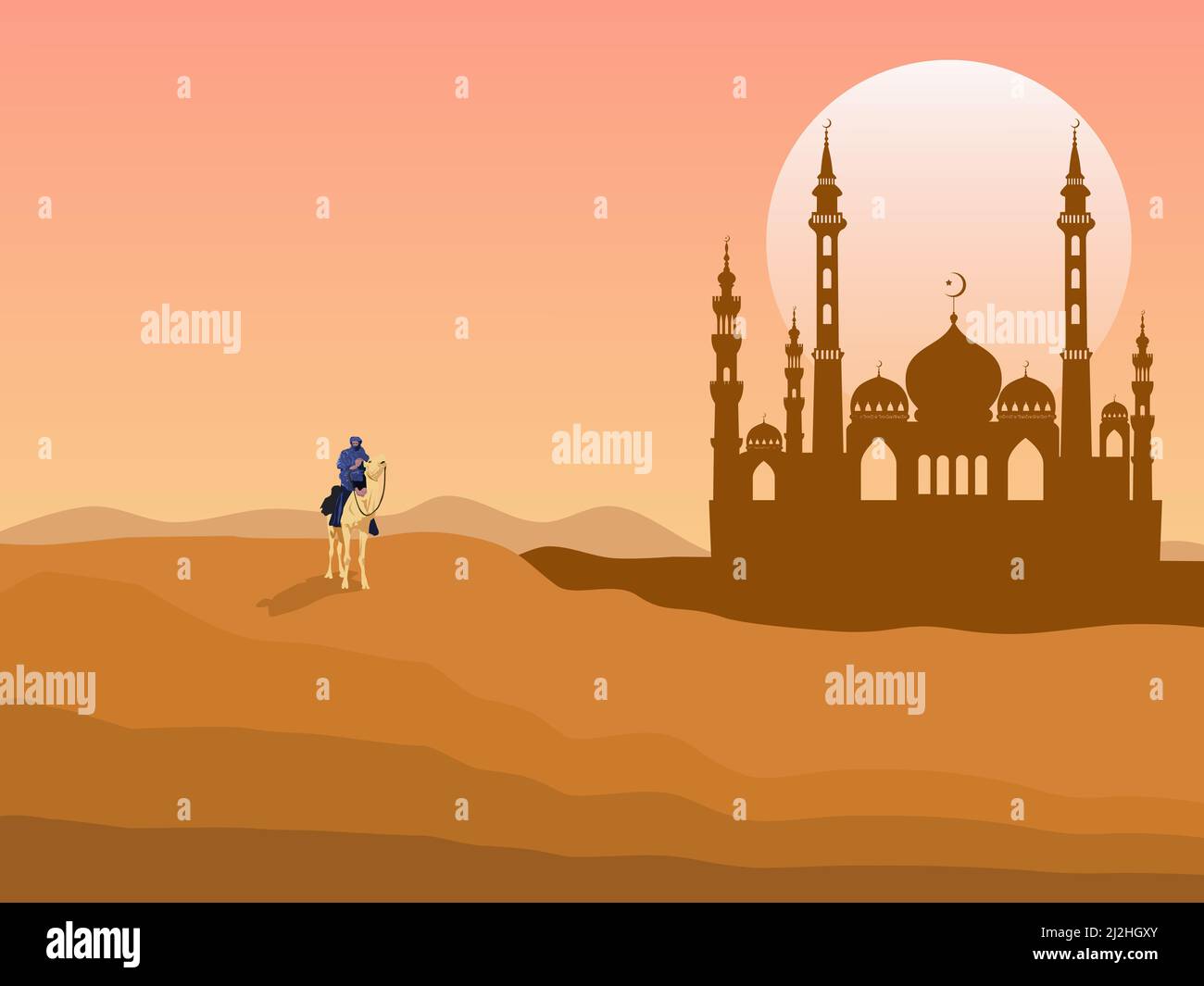 Un uomo che guida un cammello nel deserto ha una moschea dietro di esso. Con il sole tramontare sullo sfondo Illustrazione Vettoriale