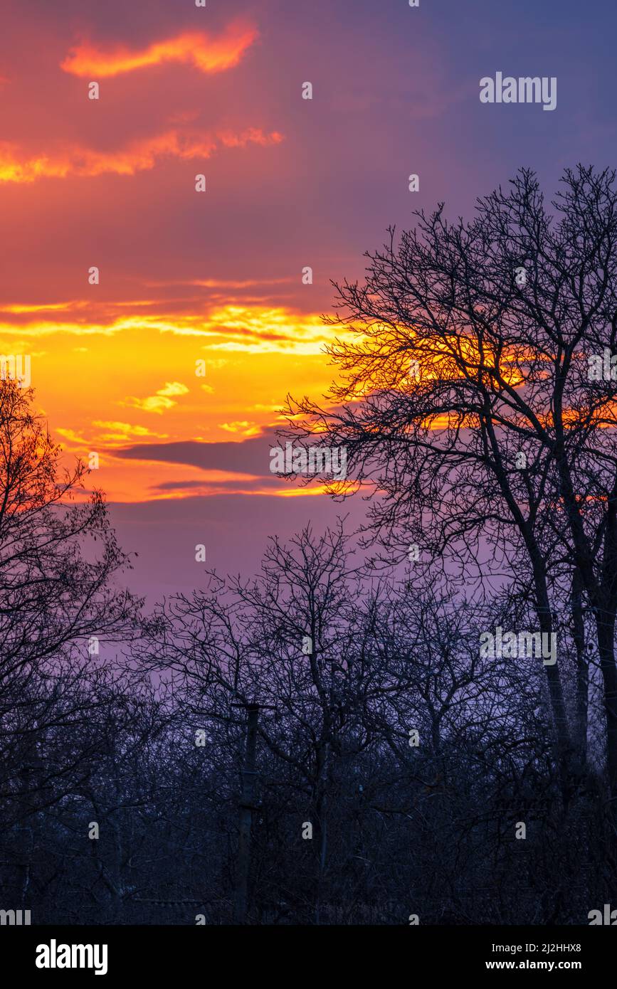 Al tramonto il sole si sbarca nel cielo scuro. Foto Stock