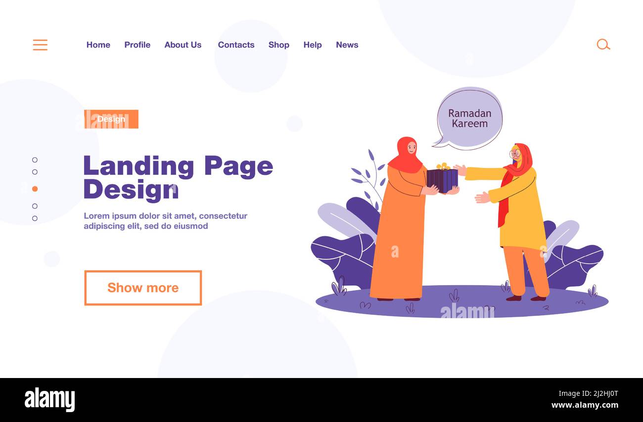 Donna musulmana che dà il regalo ad un amico o ad una madre. Personaggi di fumetti femminili in abiti tradizionali che celebrano Ramadan piatto vettore illustrazione. Ramada Illustrazione Vettoriale