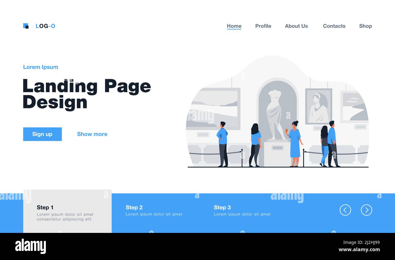 I visitatori del museo camminano nella galleria d'arte. Turisti che amano l'esposizione, ammirando le opere d'arte in mostra. Illustrazione vettoriale per escursioni, persone e c Illustrazione Vettoriale