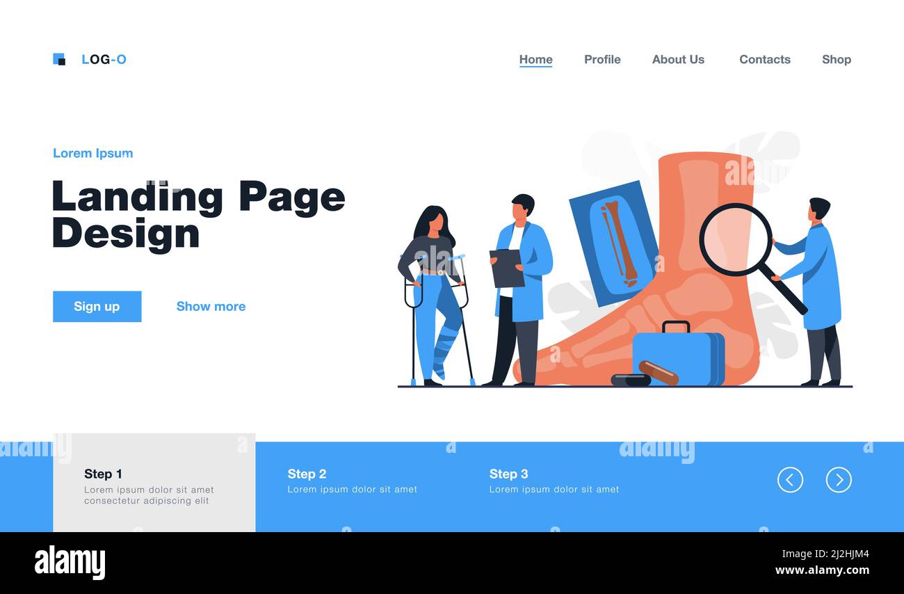 Polidiatristo che esamina la caviglia e il piede della paziente femminile. Donna su stampelle con gesso su gamba medico di consulenza con raggi X. Illustrazione vettoriale per tre Illustrazione Vettoriale