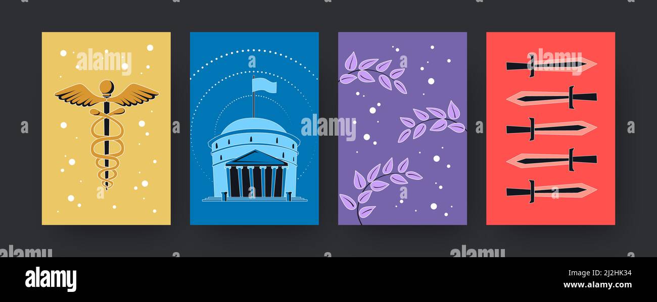 Set di poster d'arte contemporanea con antichi simboli di Roma. Illustrazione vettoriale. Collezione di Caduceo colorato, staff di Hermes, spade, rami, Pa Illustrazione Vettoriale