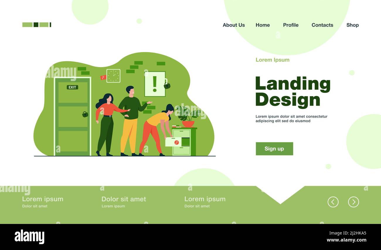 Squadra di amici che cercano la chiave, cercando il tesoro o uscire dalla stanza di ricerca con le serrature. Illustrazione vettoriale per lavoro di squadra, gioco, avventura, attività, e. Illustrazione Vettoriale