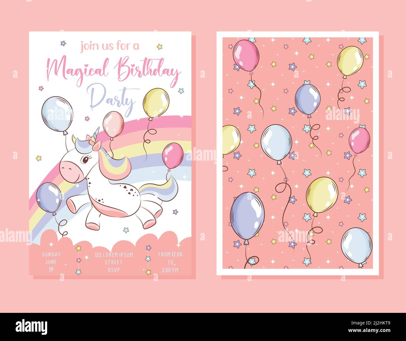 Modello di scheda di invito festa di compleanno con un simpatico unicorno Illustrazione Vettoriale