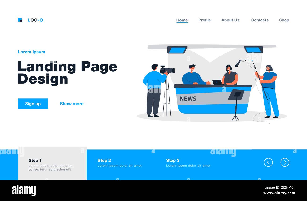 Due giornalisti seduti alla scrivania dello studio TV isolato piatto vettoriale illustrazione. Fumetto professionale equipaggio cameraman tiro intervista show o notizie. E Illustrazione Vettoriale