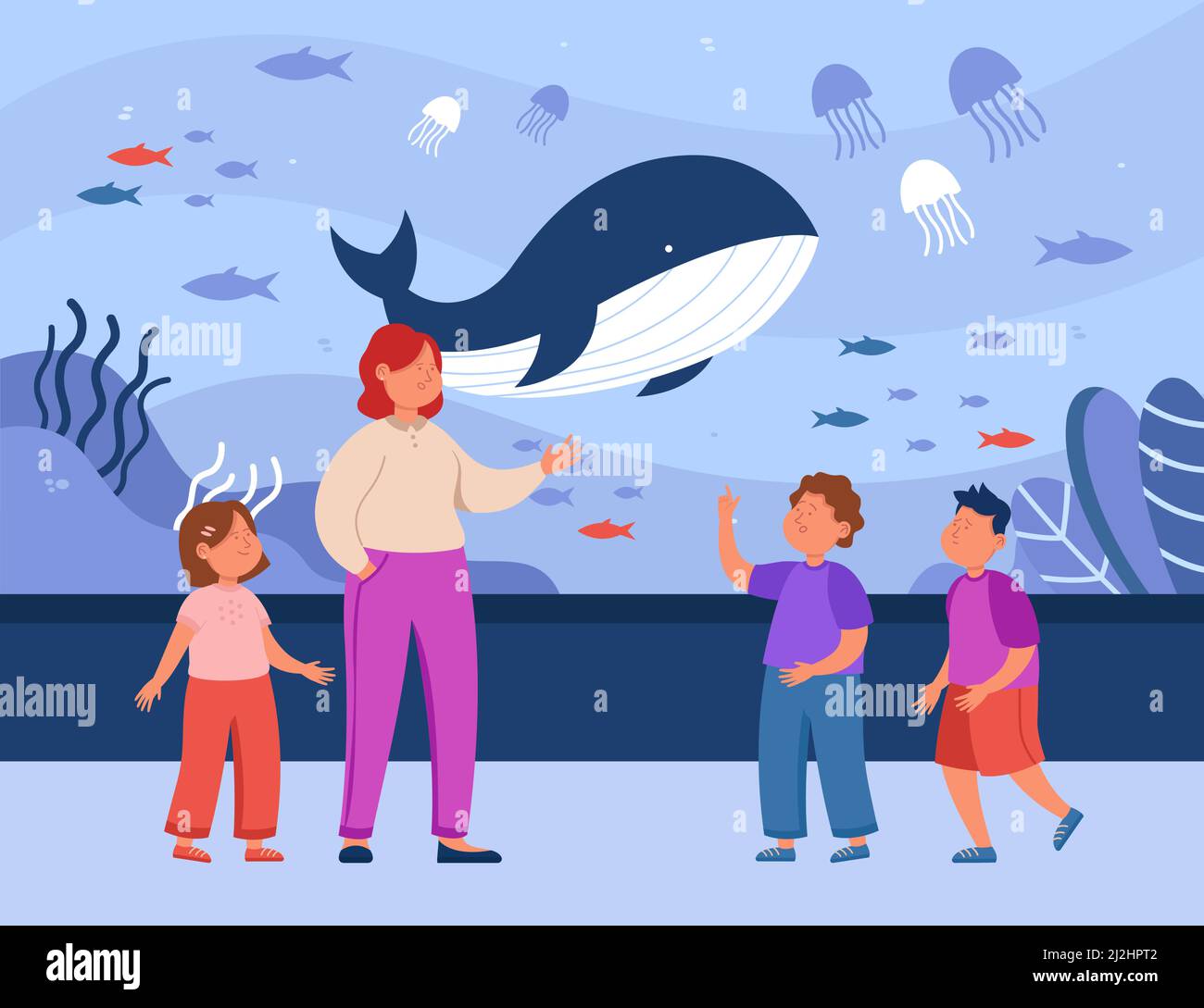 La madre di cartone animato e i capretti che guardano gli animali dell'oceano nell'acquario. Donna e bambini a sott'acqua zoo flat vettoriale illustrazione. Famiglia, fauna marina conc Illustrazione Vettoriale