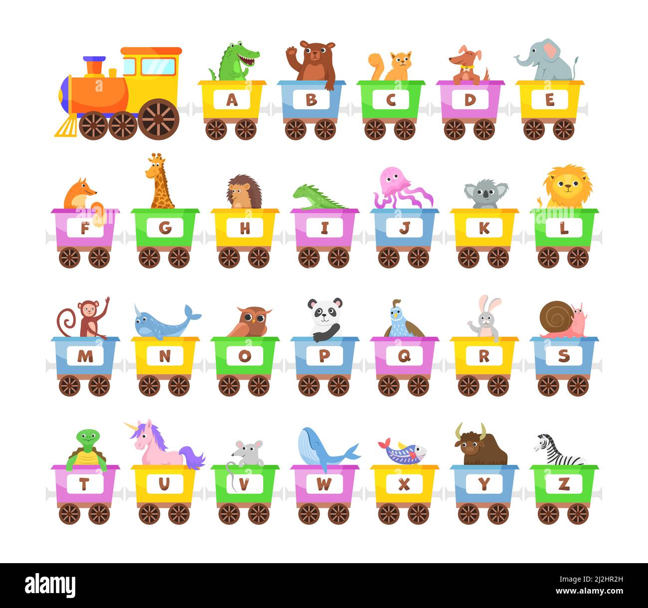 Animali carini in treno colorato alfabeto set. Illustrazioni vettoriali di giocattoli di apprendimento per bambini prescolare. Animali cartoni animati seduti in trasporto con l Illustrazione Vettoriale