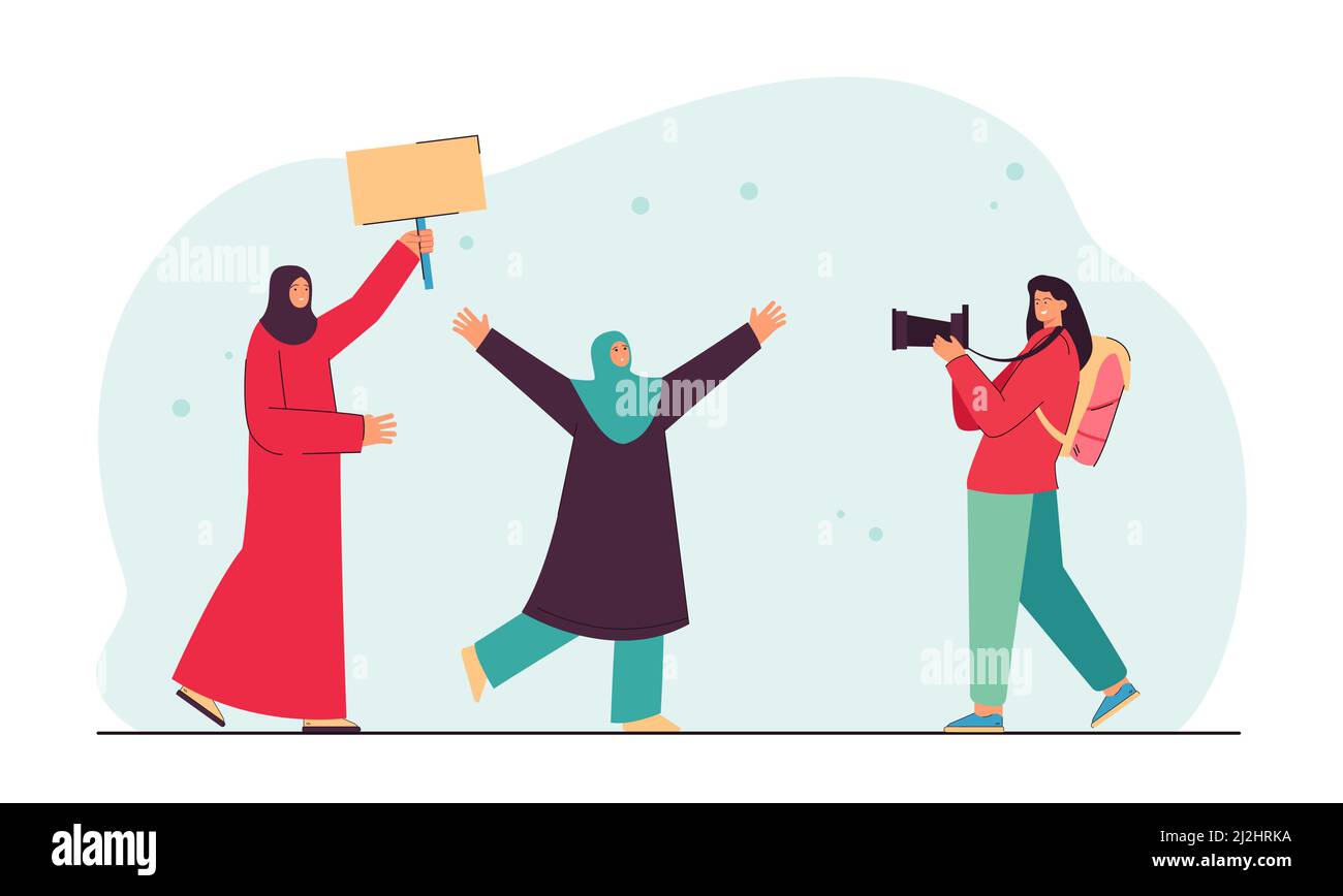Turista femmina che fotografa donne musulmane con la targhetta. Giovane donna che impara la cultura differente flat vettoriale illustrazione. Società multiculturale con Illustrazione Vettoriale