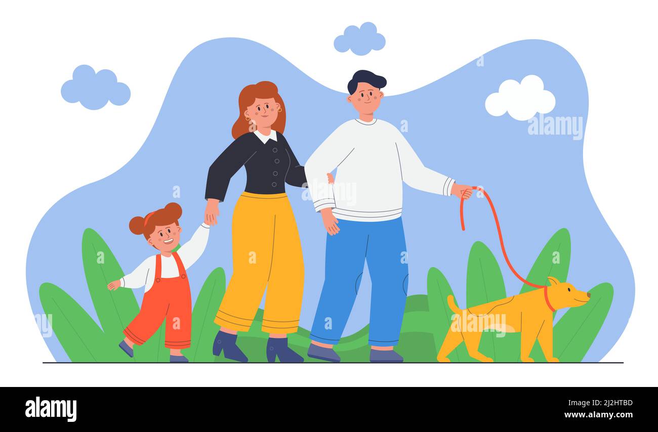 I personaggi della famiglia felici che camminano all'aperto insieme al cane. Divertente passeggiata nel parco della città per madre, padre, bambino e cucciolo su un vettore piatto al guinzaglio illustrati Illustrazione Vettoriale