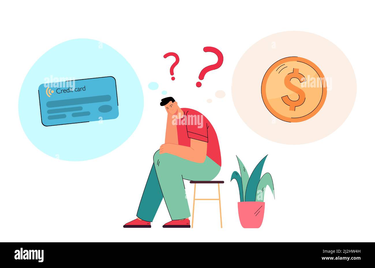 Personaggio fumetto maschile che pensa alla carta di credito e moneta. Uomo che sceglie tra contanti e carta di debito flat vettore illustrazione. Finanze, finanza e finanza Illustrazione Vettoriale