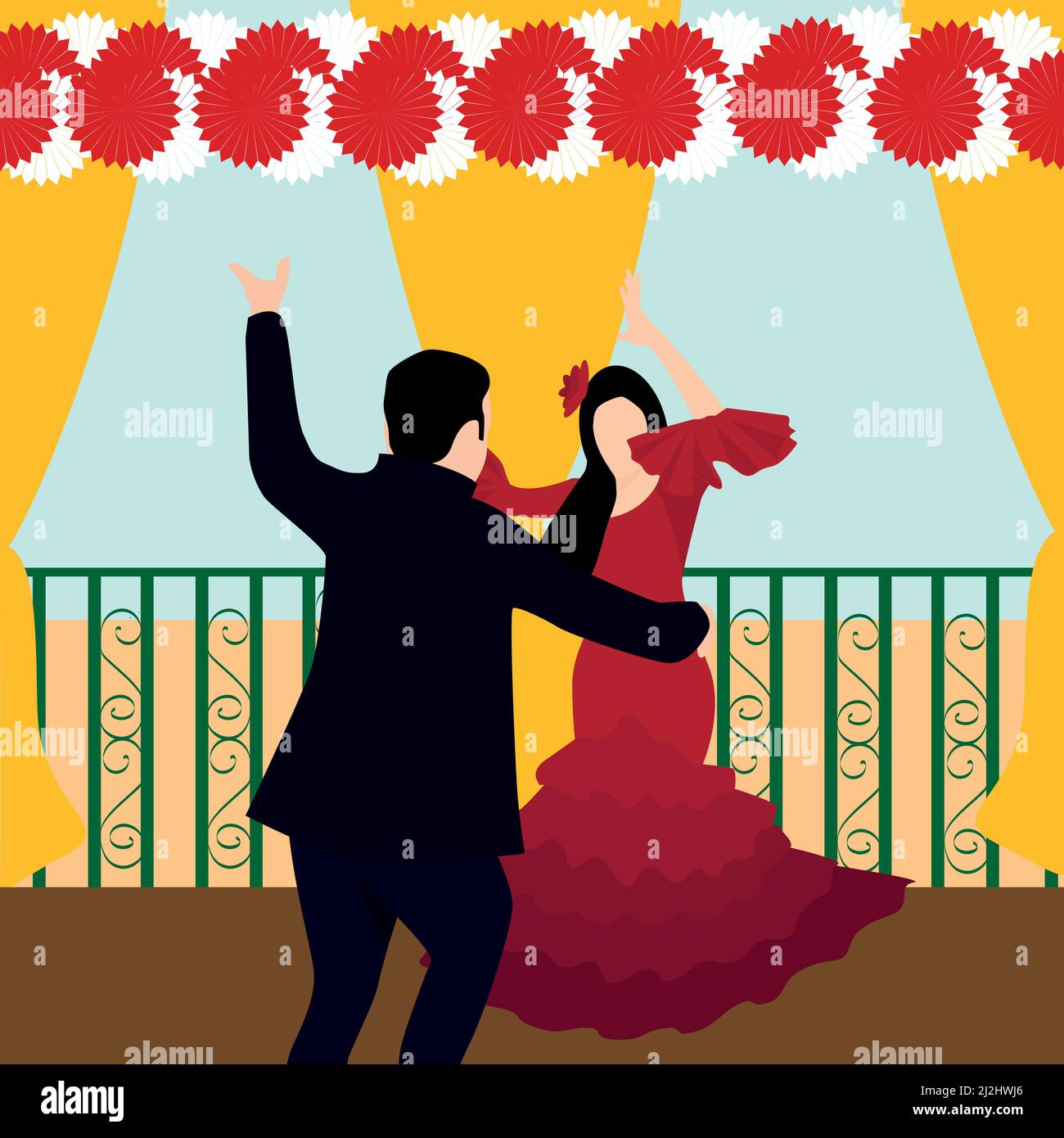 Illustrazione vettoriale di una coppia andalusa ballando le sevillane in uno stand alla fiera di aprile. Fiera di Siviglia, Andalusia, Spagna Illustrazione Vettoriale