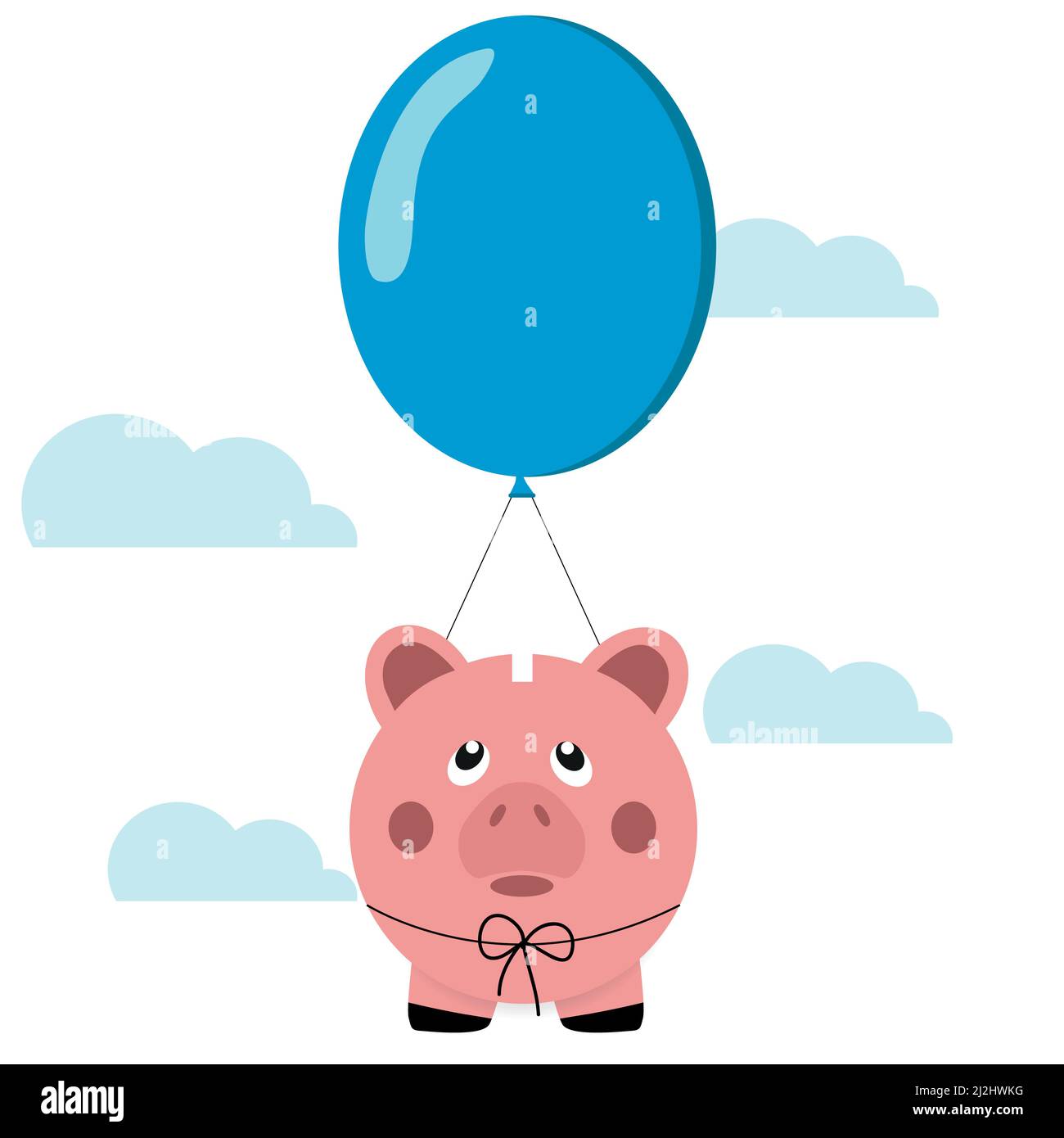 Piggy banca che vola attraverso il cielo con un palloncino che simboleggia l'inflazione e il deflusso dei risparmi Illustrazione Vettoriale