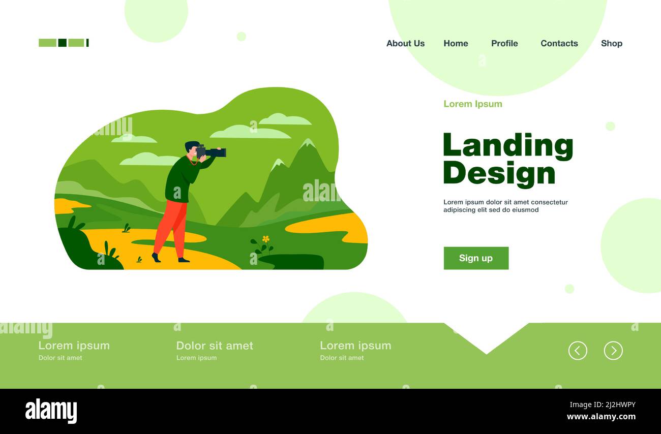 Felice fotografo di viaggio scattando foto della natura isolato piatto vettore illustrazione. Personaggi cartoni animati che sparano montagne sulla fotocamera. Fotografia e. Illustrazione Vettoriale