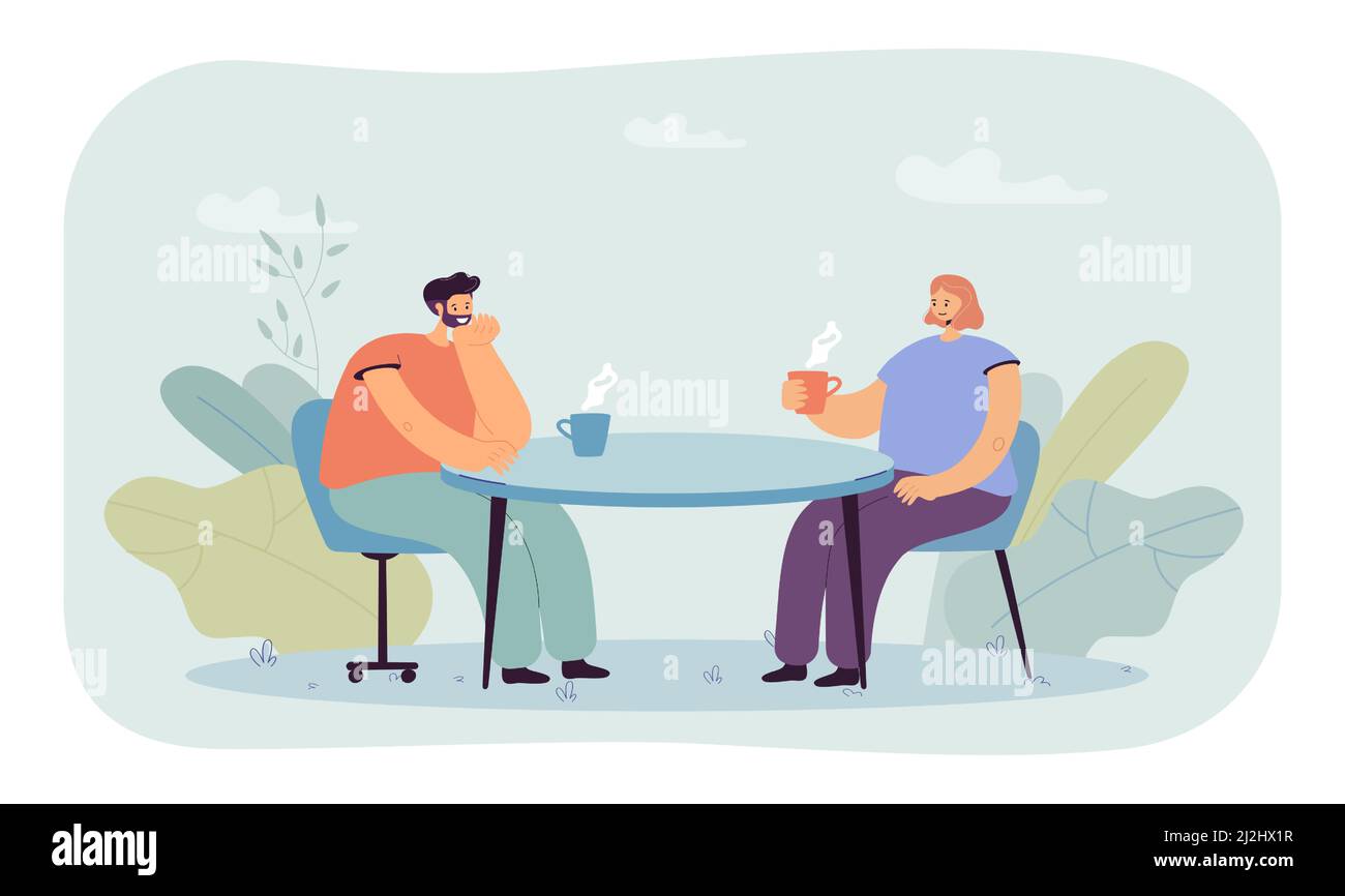 La gente beve una bevanda calda al tavolo del caffè insieme. Donna e uomo che tiene tè o caffè tazze illustrazione vettoriale piatta. Conversazione di due amici conce Illustrazione Vettoriale